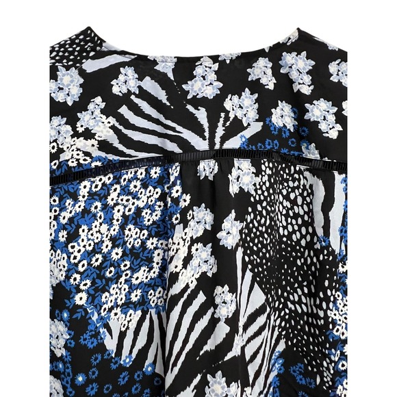 Investments Blouse Womens XL Blue Mixed Floral Zebra Button Front‎ Tie Sleeve - Picture 12 of 14